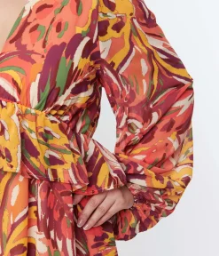 1970s Orange & Multicolor Leaf Maxi Dress