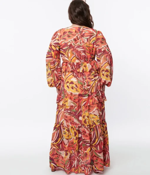 1970s Orange & Multicolor Leaf Maxi Dress