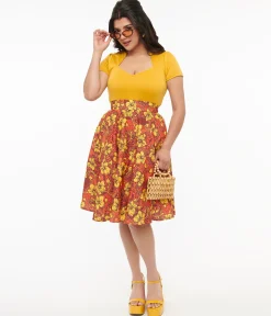 1950s Orange & Yellow Tropical Floral Mimosa Swing Skirt