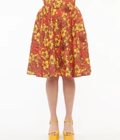 1950s Orange & Yellow Tropical Floral Mimosa Swing Skirt