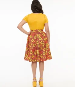 1950s Orange & Yellow Tropical Floral Mimosa Swing Skirt