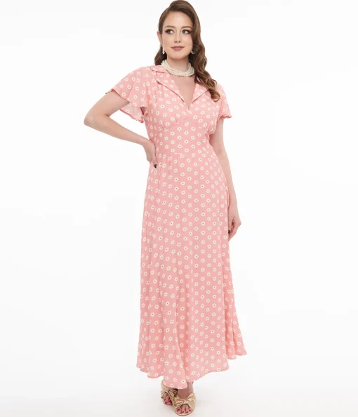 1930s Pink Daisy Salome Midi Dress