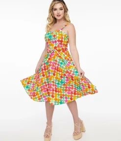 1950s Rainbow Watercolor Polka Dot Lori Swing Dress