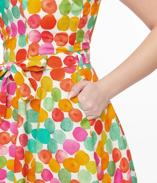 1950s Rainbow Watercolor Polka Dot Lori Swing Dress