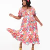 1970s Red & Pink Abstract Floral Midi Dress