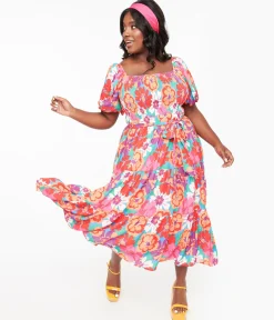 1970s Red & Pink Abstract Floral Midi Dress