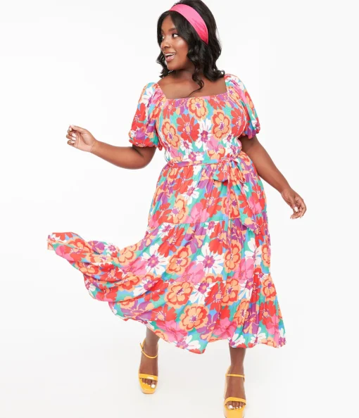 1970s Red & Pink Abstract Floral Midi Dress