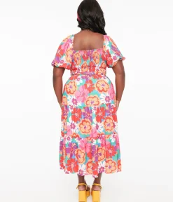 1970s Red & Pink Abstract Floral Midi Dress
