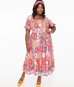 1970s Red & Pink Abstract Floral Midi Dress