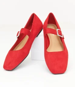 1960s Red Suede Rhinestone Buckle Mary Jane Flats