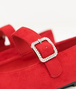 1960s Red Suede Rhinestone Buckle Mary Jane Flats