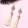 1920s Silver & White Beaded Deco Tassel Dangle Earrings