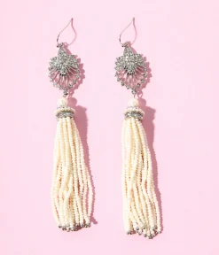 1920s Silver & White Beaded Deco Tassel Dangle Earrings