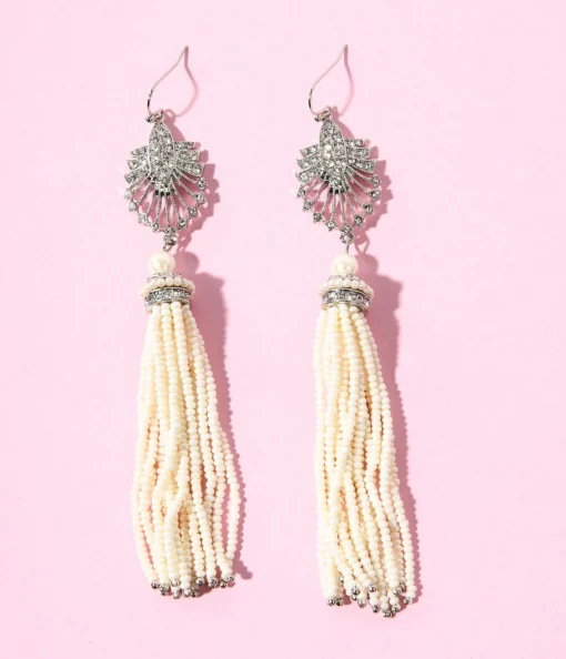 1920s Silver & White Beaded Deco Tassel Dangle Earrings