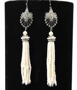 1920s Silver & White Beaded Deco Tassel Dangle Earrings