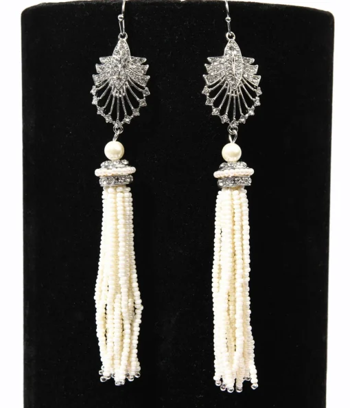1920s Silver & White Beaded Deco Tassel Dangle Earrings