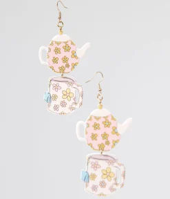 1960s Spot Of Tea Flower Teapot & Teacup Earrings