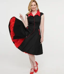 1950s Style Black & Red Cap Sleeve Button Up Diablo Swing Dress