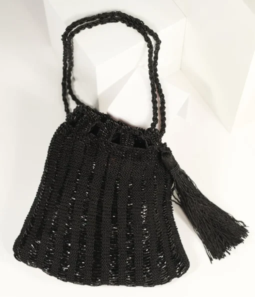 1920s Style Black Beaded & Crochet Tassel Purse