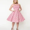 1950s Style Hot Pink Cat Print Sleeveless Swing Dress