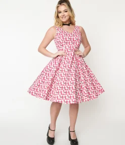 1950s Style Hot Pink Cat Print Sleeveless Swing Dress