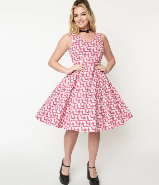 1950s Style Hot Pink Cat Print Sleeveless Swing Dress
