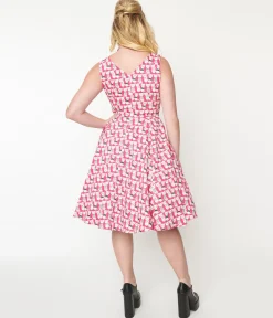 1950s Style Hot Pink Cat Print Sleeveless Swing Dress
