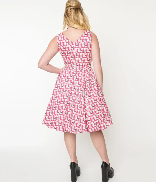 1950s Style Hot Pink Cat Print Sleeveless Swing Dress