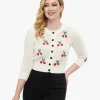 1950s Style Ivory Oatmeal & Cherries Crochet Button Up Cardigan