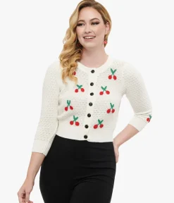 1950s Style Ivory Oatmeal & Cherries Crochet Button Up Cardigan