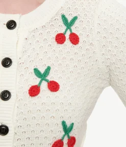 1950s Style Ivory Oatmeal & Cherries Crochet Button Up Cardigan