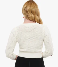 1950s Style Ivory Oatmeal & Cherries Crochet Button Up Cardigan