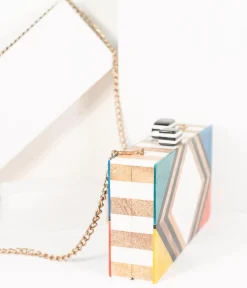 1960s Style Rainbow Chevron Wood & Resin Hard Clutch
