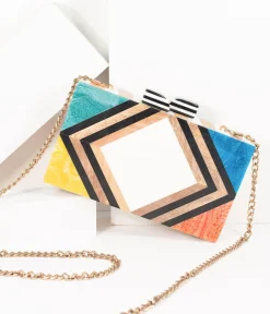 1960s Style Rainbow Chevron Wood & Resin Hard Clutch