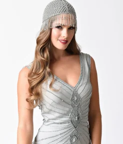 1920s Style Silver Beaded Fringe Flapper Cap