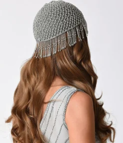 1920s Style Silver Beaded Fringe Flapper Cap