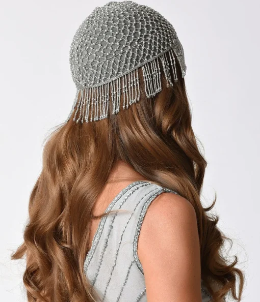 1920s Style Silver Beaded Fringe Flapper Cap