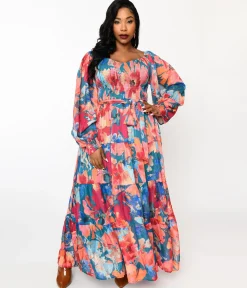 1970s Teal & Coral Floral Maxi Dress