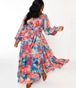 1970s Teal & Coral Floral Maxi Dress