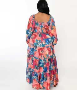 1970s Teal & Coral Floral Maxi Dress