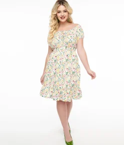 1950s White & Rainbow Fruit Print Fit & Flare Dress