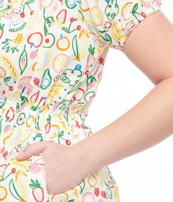 1950s White & Rainbow Fruit Print Fit & Flare Dress