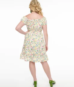 1950s White & Rainbow Fruit Print Fit & Flare Dress