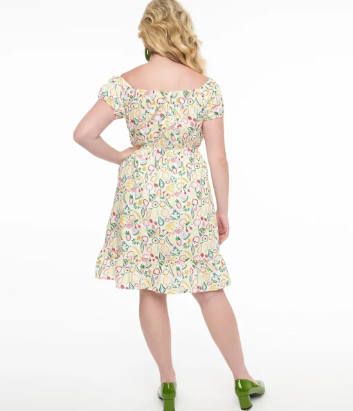 1950s White & Rainbow Fruit Print Fit & Flare Dress
