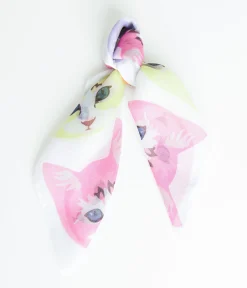 1970s White Cool Cat Print Hair Scarf