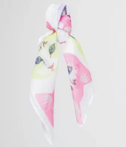 1970s White Cool Cat Print Hair Scarf