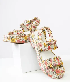 1970s White Floral Jean Platform Sandals