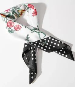1940s White Polka Dot & Ditsy Floral Print Satin Hair Scarf