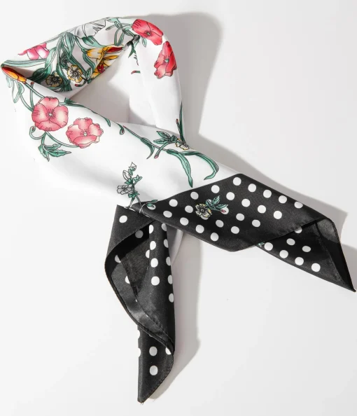 1940s White Polka Dot & Ditsy Floral Print Satin Hair Scarf