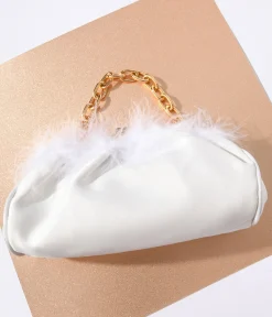 1920s White Satin & Fur Trim Clutch Handbag